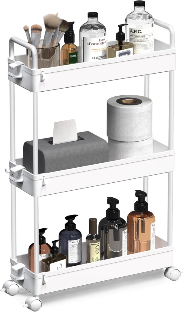 3-Tier Storage Trolley Cart Slide-out Slim Rolling Utility Cart Mobile Storage Shelving Organizer for Kitchen, Bathroom - Image 6