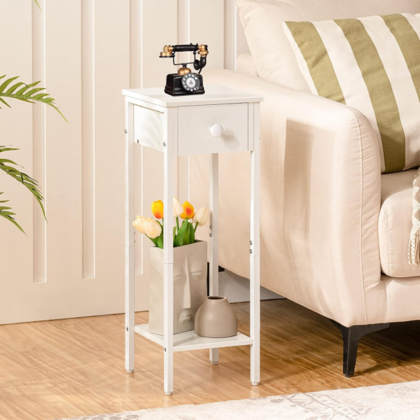 Slim Bedside Table, Set of 2, Tall Bedside Table with Drawer, Metal Frame, White Small Side Table - Image 6