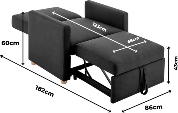 Single Sofa Bed - Black. 1 Seater Recliner Armchair Bed, Folding Fabric Lounge Chair Into Small Single Bed. Easy Fold Convertible Bedroom - Image 4