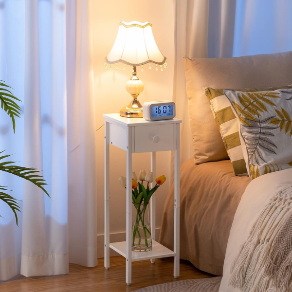 Slim Bedside Table, Set of 2, Tall Bedside Table with Drawer, Metal Frame, White Small Side Table - Image 5