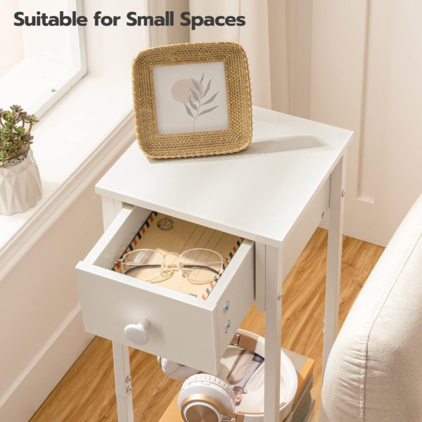 Slim Bedside Table, Set of 2, Tall Bedside Table with Drawer, Metal Frame, White Small Side Table - Image 4
