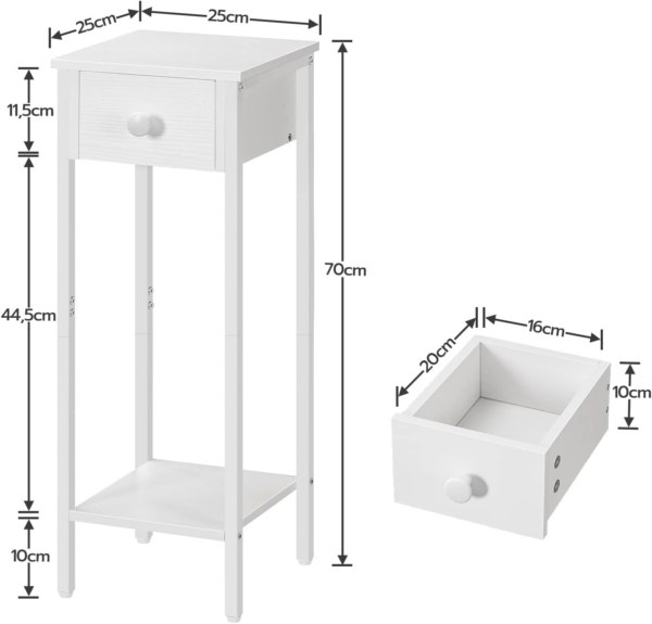 Slim Bedside Table, Set of 2, Tall Bedside Table with Drawer, Metal Frame, White Small Side Table - Image 2