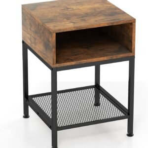 3-Tier Bedside Table, Compact Sofa Side Table with Storage Cube & Mesh Shelf and Adjustable Foot Pads