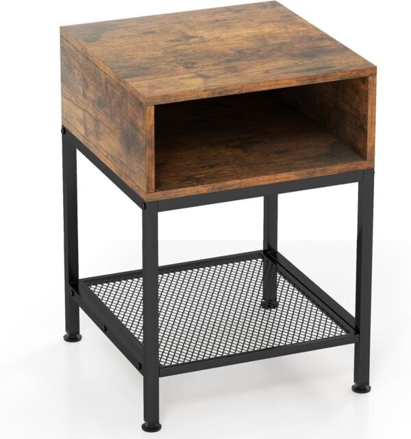 3-Tier Bedside Table, Compact Sofa Side Table with Storage Cube & Mesh Shelf and Adjustable Foot Pads