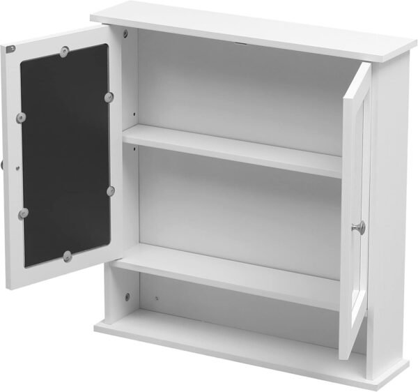 White Bathroom Wall Cabinet with Mirrored Double Doors Storage Cupboard MDF & Shelves - Image 4