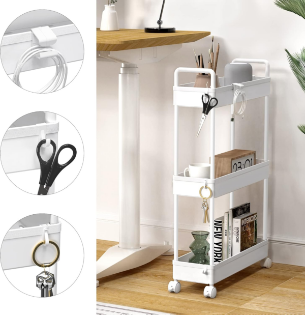 3-Tier Storage Trolley Cart Slide-out Slim Rolling Utility Cart Mobile Storage Shelving Organizer for Kitchen, Bathroom - Image 4