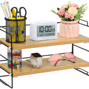 Wood Desk Storage Organizer, 2 Tiers Desk Display Shelf, Adjustable Desk Shelf Organizer