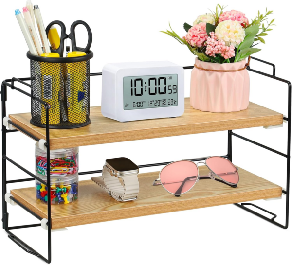 Wood Desk Storage Organizer, 2 Tiers Desk Display Shelf, Adjustable Desk Shelf Organizer