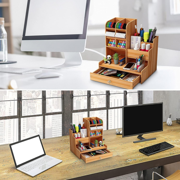 Wooden Desk Organiser DIY Desktop Tidy Pen Holder Large Capacity Stationery Storage Box - Image 2