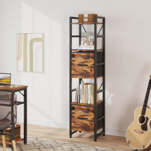 5 Tier Bookcase,Tall Narrow Bookshelf with 2PCS Fabric Drawers, Industrial Display Standing Shelf Units with 2 X-shape Frame