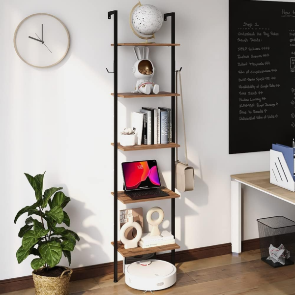 5 Tiers Bookshelf Wall Mounted Industrial Ladder Shelf Bookcase with Wood and Metal Frame Open Display Shelves - Image 7