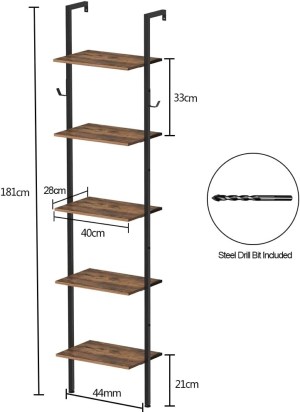 5 Tiers Bookshelf Wall Mounted Industrial Ladder Shelf Bookcase with Wood and Metal Frame Open Display Shelves - Image 6