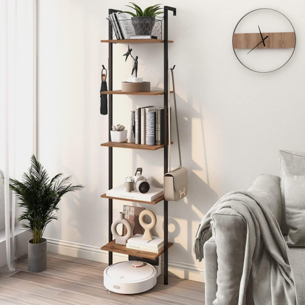 5 Tiers Bookshelf Wall Mounted Industrial Ladder Shelf Bookcase with Wood and Metal Frame Open Display Shelves - Image 5
