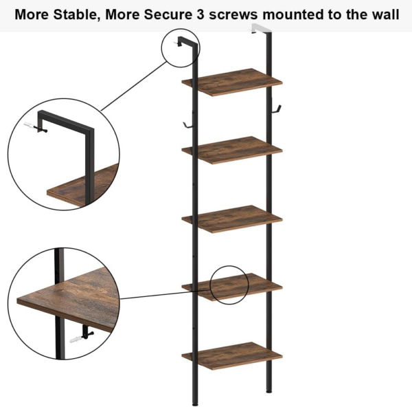 5 Tiers Bookshelf Wall Mounted Industrial Ladder Shelf Bookcase with Wood and Metal Frame Open Display Shelves - Image 4