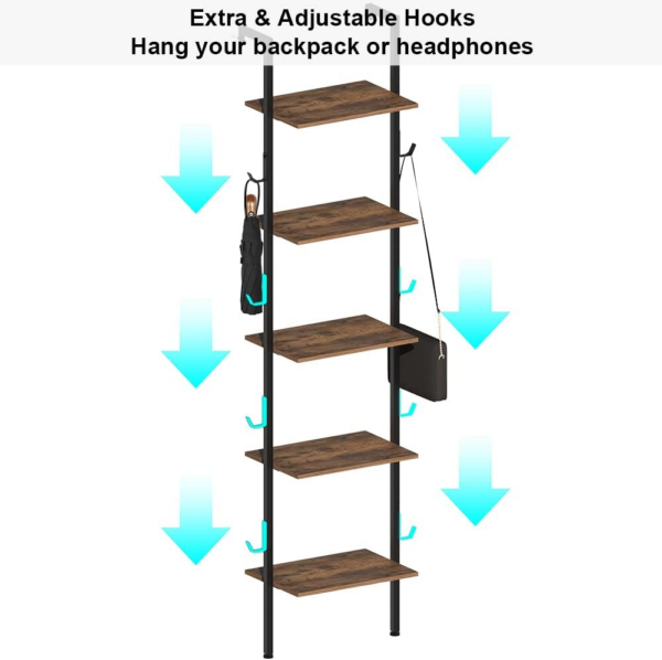 5 Tiers Bookshelf Wall Mounted Industrial Ladder Shelf Bookcase with Wood and Metal Frame Open Display Shelves - Image 2