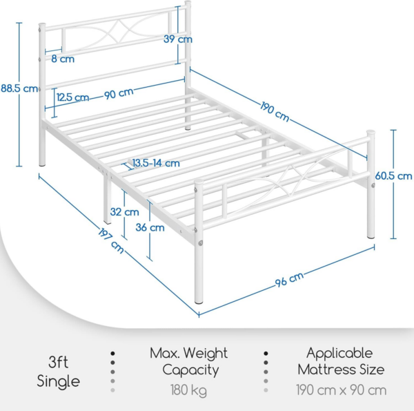 3ft Single Bed Frames Metal Slatted Bed Platform with Curved Design Headboard and Footboard - Image 8