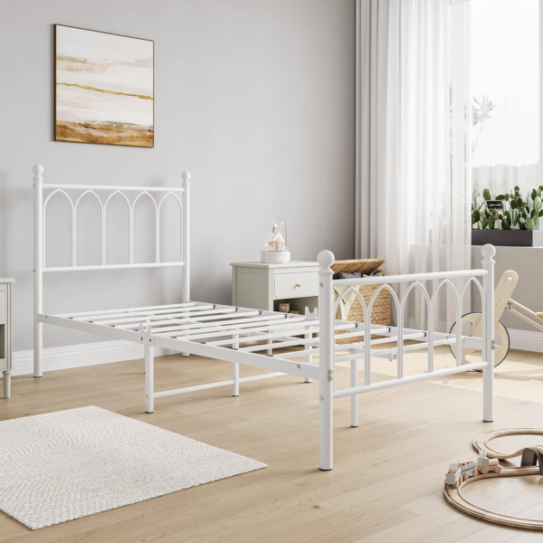 Single Metal Bed Frame 90 x x190 cm with Headboard and Footboard Heavy Duty Foundation,Metal Slat Support, White - Image 4