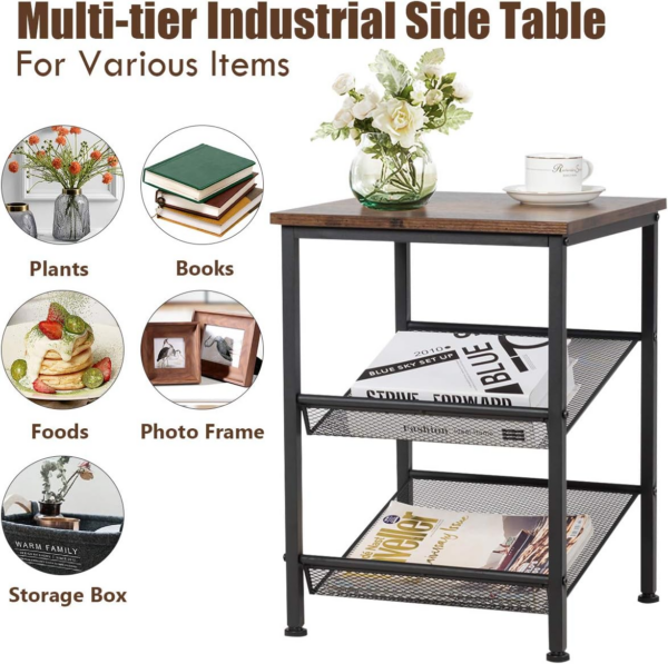 3-Tiers Industrial Side Table with Metal Mesh Shelves - Image 3
