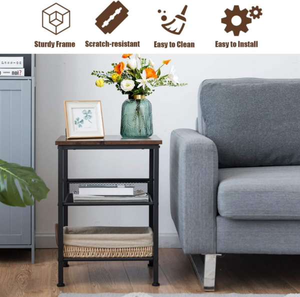 3-Tiers Industrial Side Table with Metal Mesh Shelves - Image 2