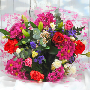 Superb Mixed Fresh Flower Bouquet with a Single Large Naomi Velvet Rose at its Heart, Large, Red