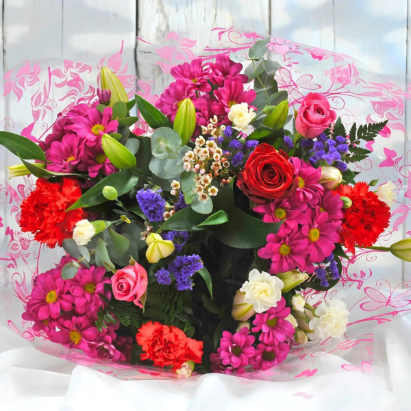 Superb Mixed Fresh Flower Bouquet with a Single Large Naomi Velvet Rose at its Heart, Large, Red
