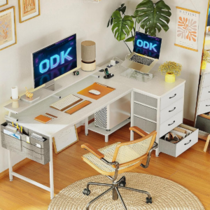 Corner Desk with Drawers, L Shaped Computer Desk with USB Charging Port & Power Outlet