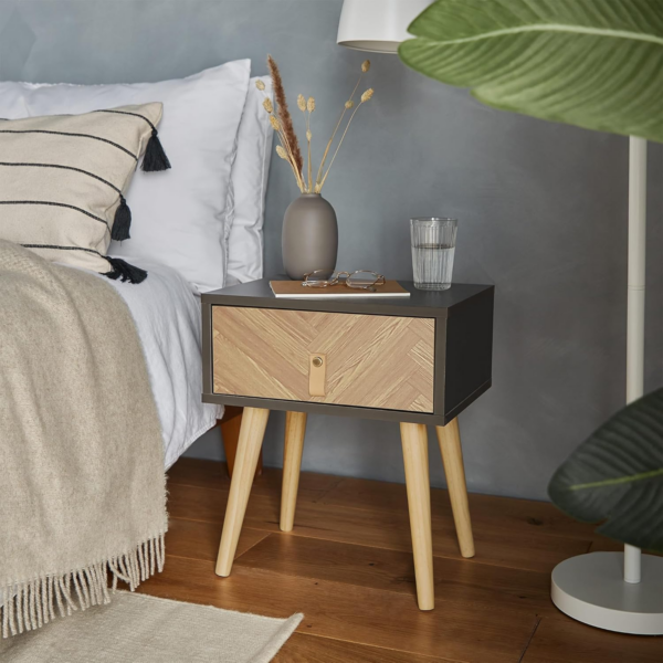 Bedside Table – Grey & Wood Effect Nightstand for Bedroom - Scandi Style Bedside Cabinet - Image 3