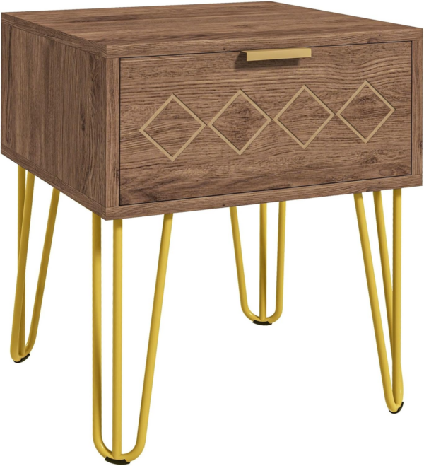 Bedside Table with Drawer, Wooden Nightstand, Modern Sofa Side Table with Gold Tone Metal Legs