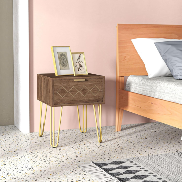 Bedside Table with Drawer, Wooden Nightstand, Modern Sofa Side Table with Gold Tone Metal Legs - Image 7