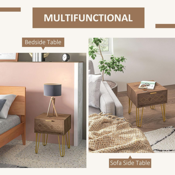 Bedside Table with Drawer, Wooden Nightstand, Modern Sofa Side Table with Gold Tone Metal Legs - Image 6