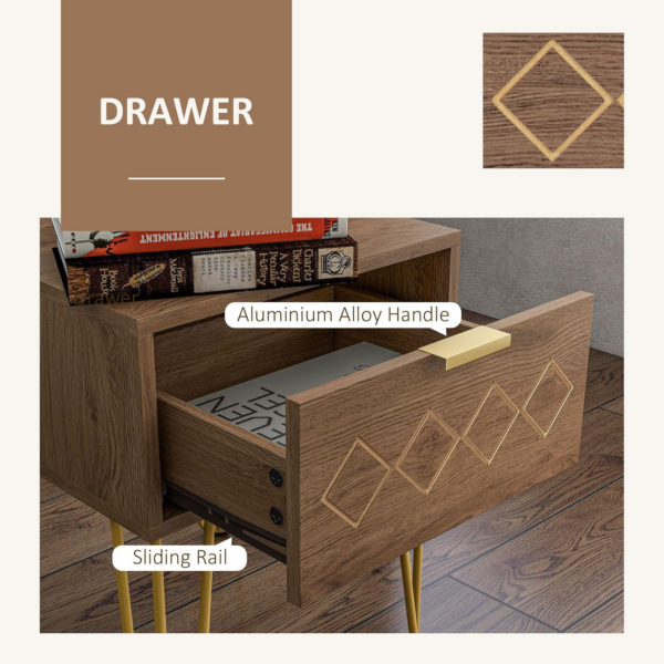 Bedside Table with Drawer, Wooden Nightstand, Modern Sofa Side Table with Gold Tone Metal Legs - Image 5