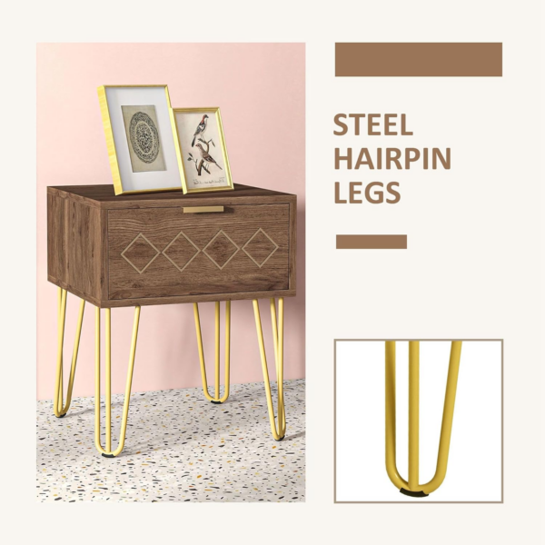 Bedside Table with Drawer, Wooden Nightstand, Modern Sofa Side Table with Gold Tone Metal Legs - Image 4