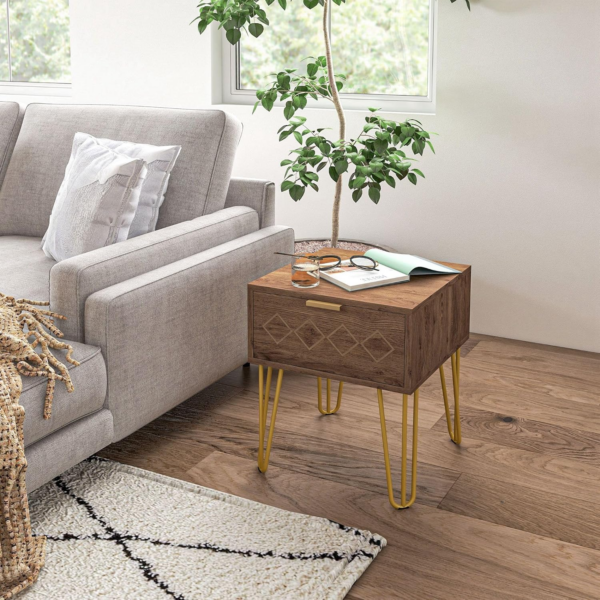 Bedside Table with Drawer, Wooden Nightstand, Modern Sofa Side Table with Gold Tone Metal Legs - Image 3