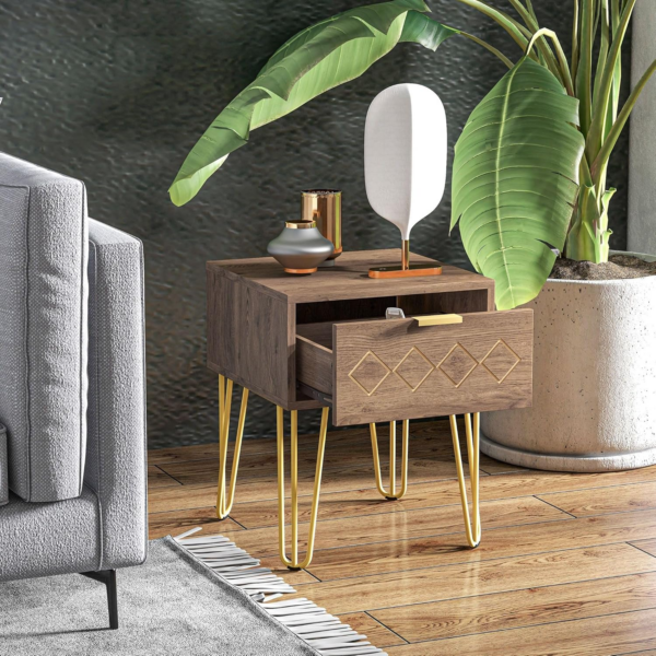 Bedside Table with Drawer, Wooden Nightstand, Modern Sofa Side Table with Gold Tone Metal Legs - Image 2
