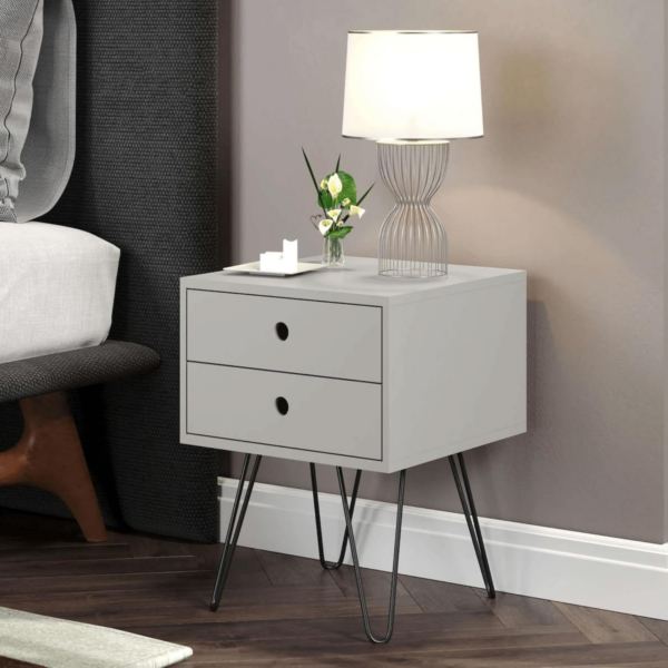 Bedside, Bedroom Side Table Nightstand Cabinet, Metal Legs, 2 Storage, Grey, Engineered Wood, 2 Drawer - Image 5