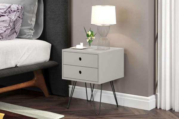 Bedside, Bedroom Side Table Nightstand Cabinet, Metal Legs, 2 Storage, Grey, Engineered Wood, 2 Drawer - Image 2