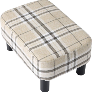 Small Footstool, Linen Fabric Pouf, with Padded Seat Pine Wood Legs Rectangular Stool