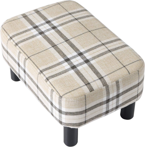 Small Footstool, Linen Fabric Pouf, with Padded Seat Pine Wood Legs Rectangular Stool