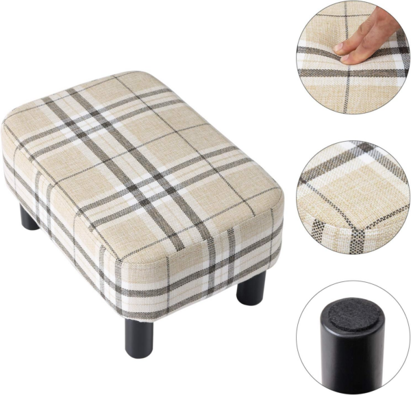 Small Footstool, Linen Fabric Pouf, with Padded Seat Pine Wood Legs Rectangular Stool - Image 2