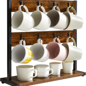 Rustic Coffee Mug Holder Stand, 2 Tier Countertop Mug Tree Holder Rack with Storage Base