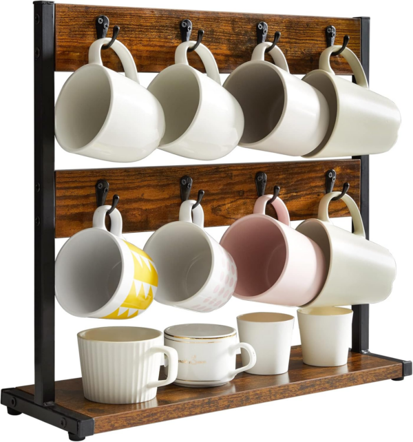 Rustic Coffee Mug Holder Stand, 2 Tier Countertop Mug Tree Holder Rack with Storage Base