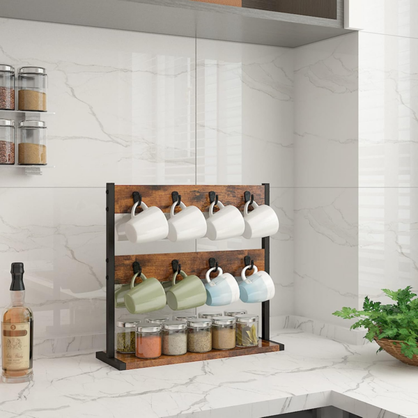 Rustic Coffee Mug Holder Stand, 2 Tier Countertop Mug Tree Holder Rack with Storage Base - Image 4