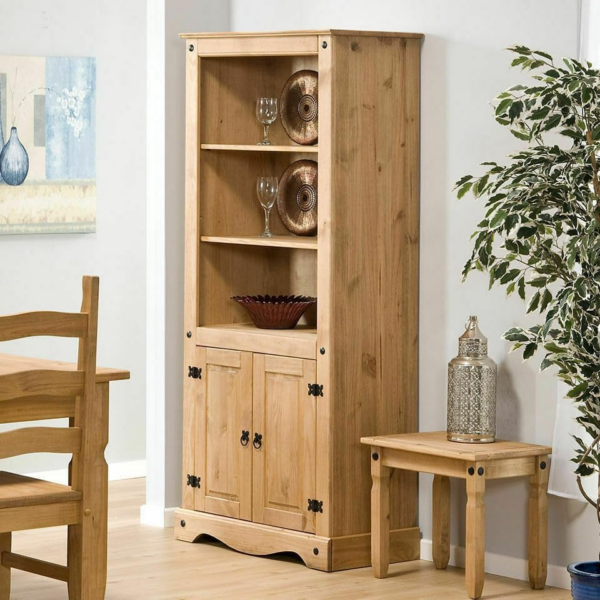 2 Door Bookcase Display Cabinet 3 Tier Solid Mexican Pine - Image 4