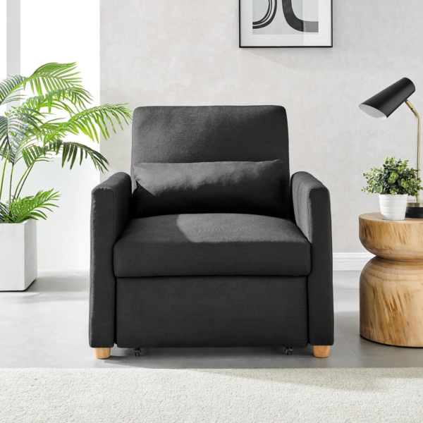 Single Sofa Bed - Black. 1 Seater Recliner Armchair Bed, Folding Fabric Lounge Chair Into Small Single Bed. Easy Fold Convertible Bedroom - Image 5
