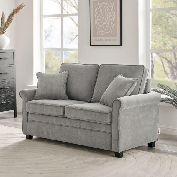Two Seater Double Sofa Bed - Corduroy Grey Fabric Modern Space Saving Folding Bed