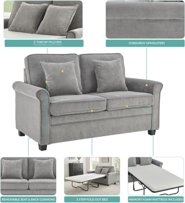 Two Seater Double Sofa Bed - Corduroy Grey Fabric Modern Space Saving Folding Bed - Image 3