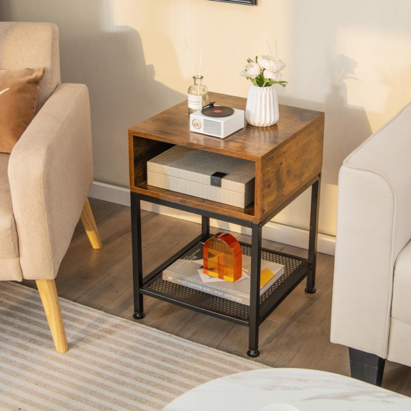 3-Tier Bedside Table, Compact Sofa Side Table with Storage Cube & Mesh Shelf and Adjustable Foot Pads - Image 5
