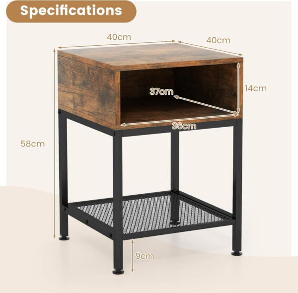 3-Tier Bedside Table, Compact Sofa Side Table with Storage Cube & Mesh Shelf and Adjustable Foot Pads - Image 4