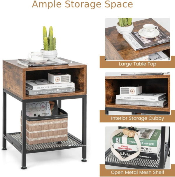3-Tier Bedside Table, Compact Sofa Side Table with Storage Cube & Mesh Shelf and Adjustable Foot Pads - Image 3