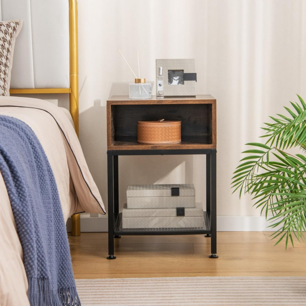3-Tier Bedside Table, Compact Sofa Side Table with Storage Cube & Mesh Shelf and Adjustable Foot Pads - Image 2